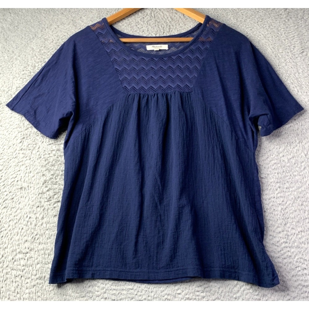 Madewell Top Womens Size Small Navy Blue Short Sleeve Peasant Blouse Boho Cotton